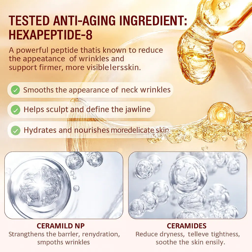 Hexapeptide-8 peptide and ceramide ingredients that smooth neck wrinkles and hydrate anti-aging skin