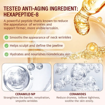 Hexapeptide-8 peptide and ceramide ingredients that smooth neck wrinkles and hydrate anti-aging skin