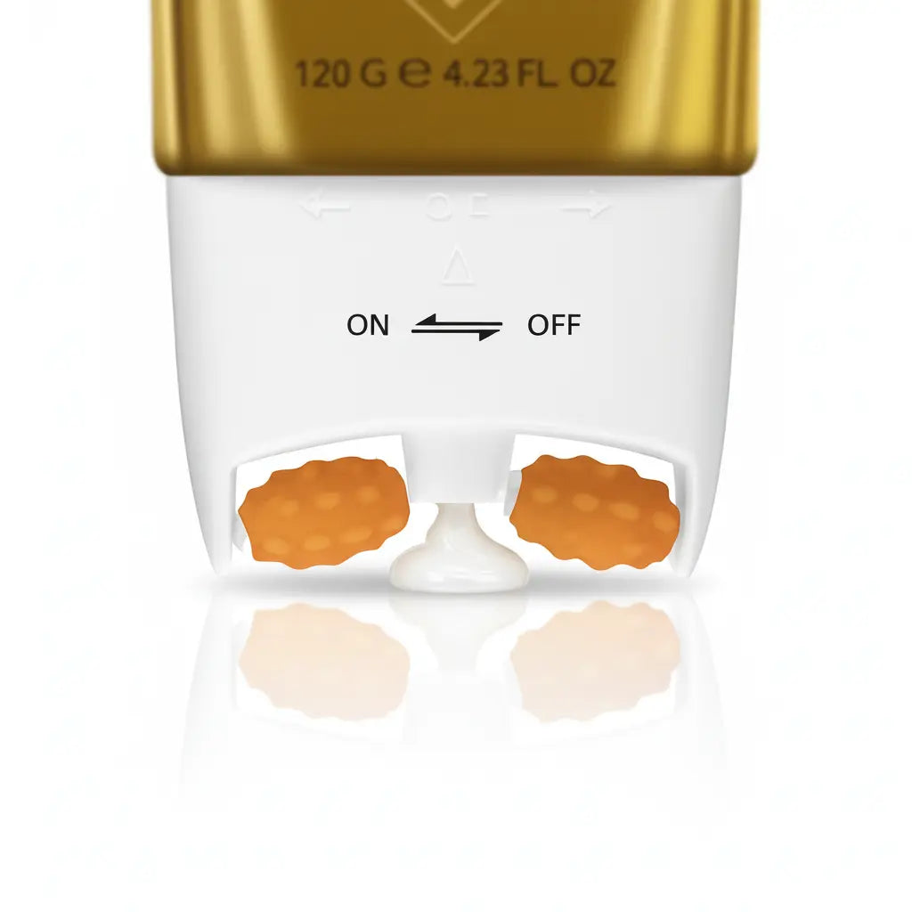 Close-up of Sublime neck cream built-in massage roller applying product