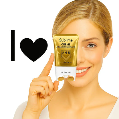 Smiling woman showing Sublime neck wrinkle cream with massage roller for smoother anti-aging neck